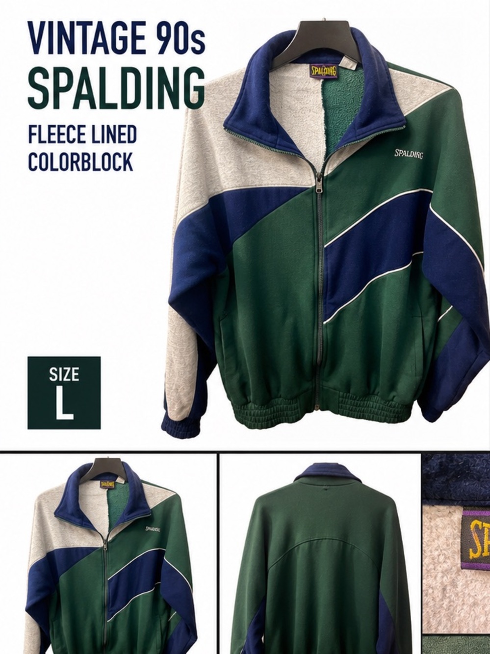 Vintage 90s Spalding Colorblock Track Jacket L Green Blue Full Zip Fleece Lined